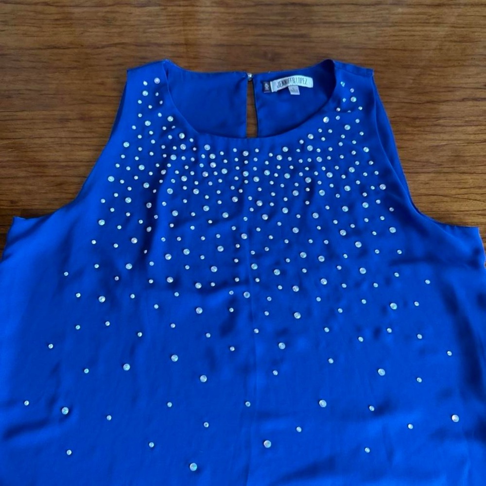 Jennifer Lopez Womens Blue Sleeveless Rhinestone Embellished Blouse Top Large